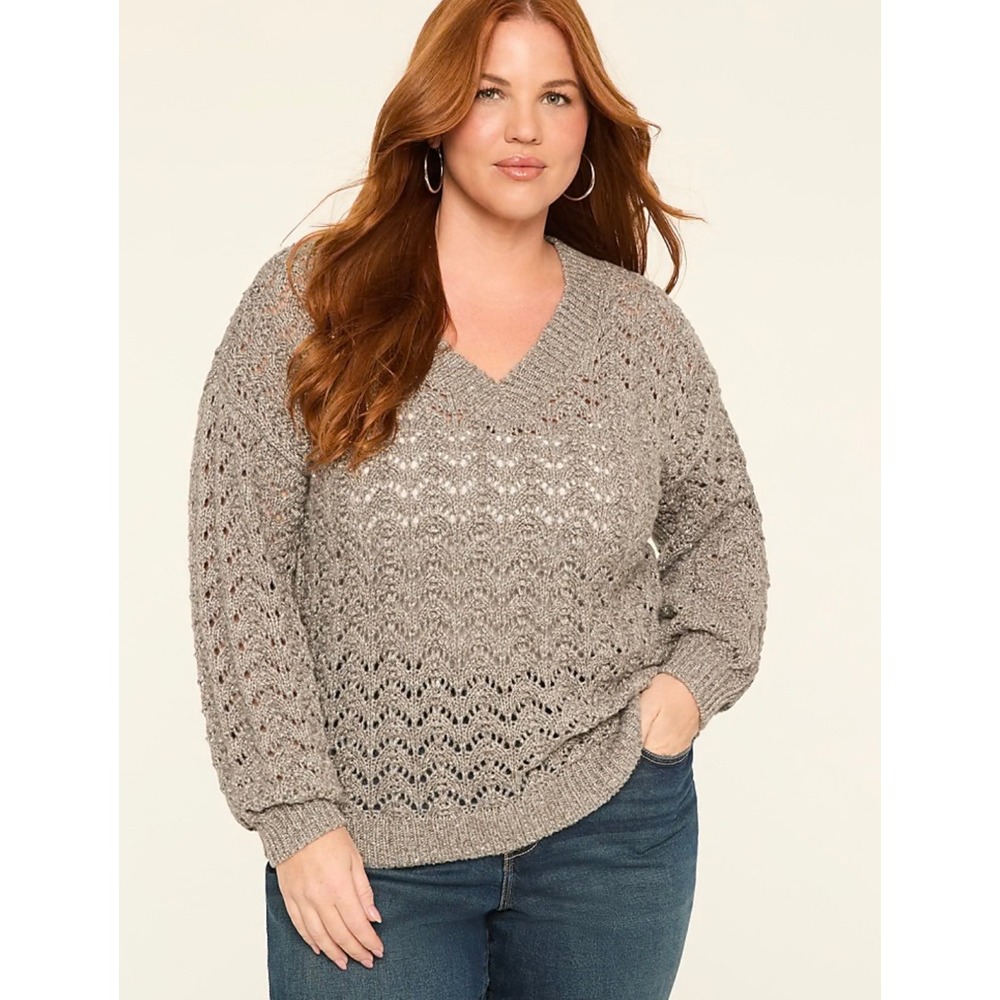 NWT Lane Bryant Grey Metallic Pointelle Sequin V-Neck Sweater Plus‎ Size 18/20